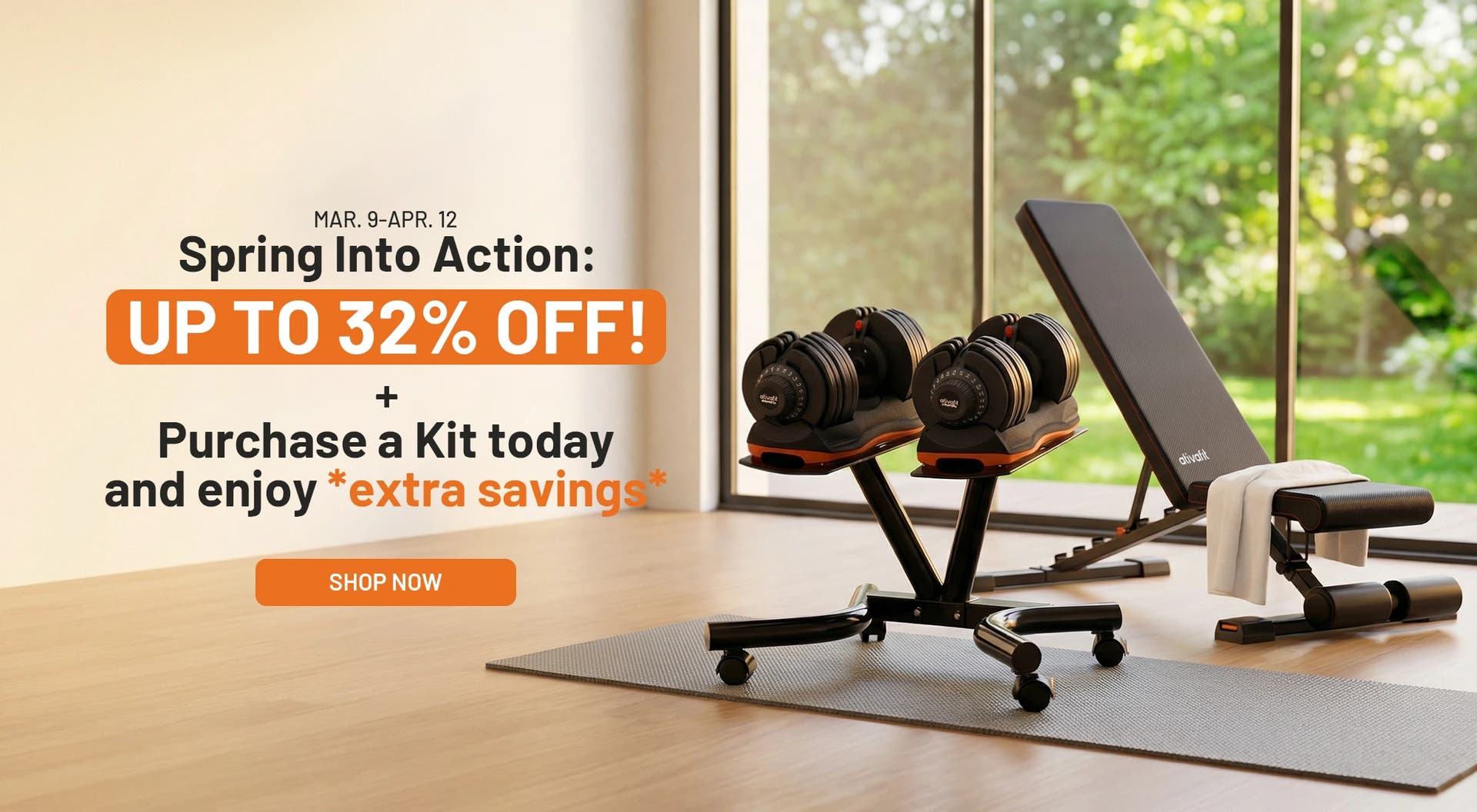 Gym equipment including ativafit adjustable  dumbbells and a bench in a room with a window view.