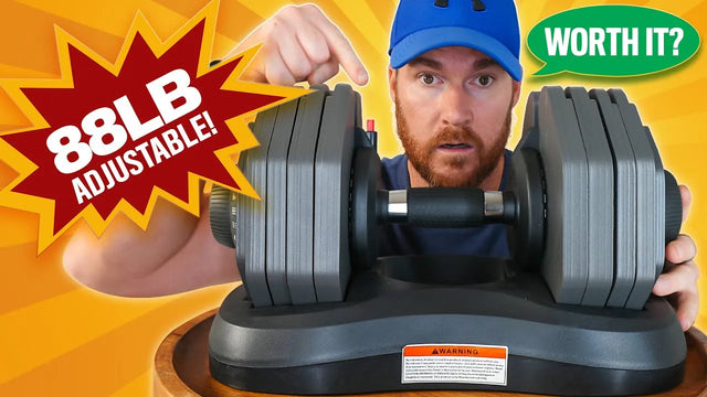 Person holding an ativafit 88lb adjustable dumbbell set with text indicating weight and adjustability on a bright background.