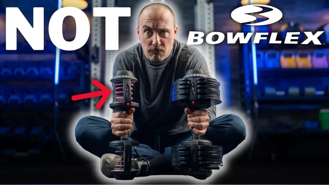 Person holding ativafit adjustable dumbbells with a 'Not Bowflex' text overlay in a gym setting