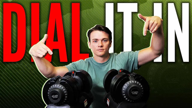 Person holding ativafit 66 lb adjustable dumbbells with 'Dial It In' text on a green background