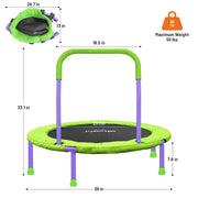 A small round trampoline with dimension callouts, including a folded view in the top left, a weight icon in the top right, and measurements such as 36 in width, 27 in jumping mat diameter, 33.1 in height, and 7.