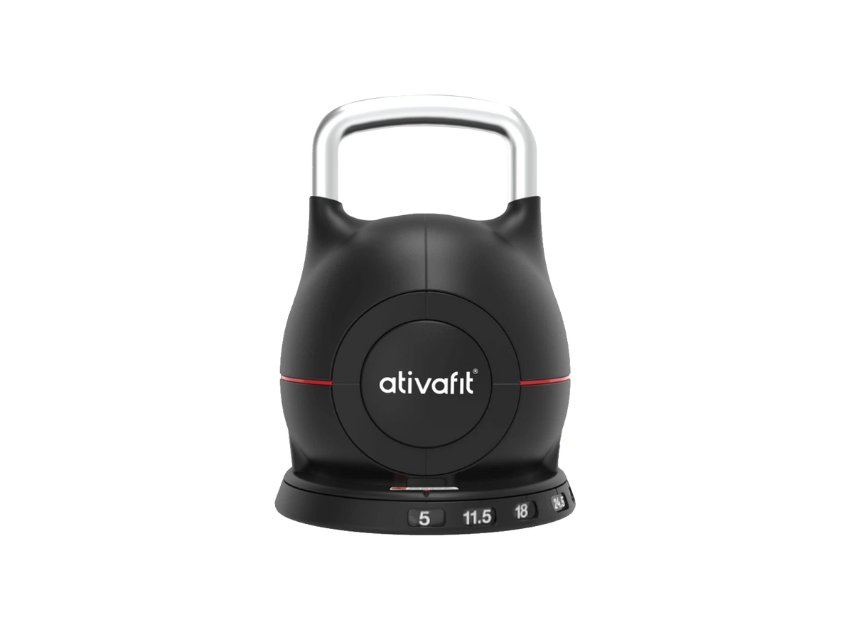 Black adjustable kettlebell with 'ativafit' branding on a white background