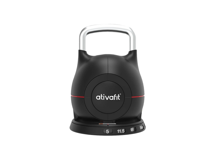 Black adjustable kettlebell with 'ativafit' branding on a white background
