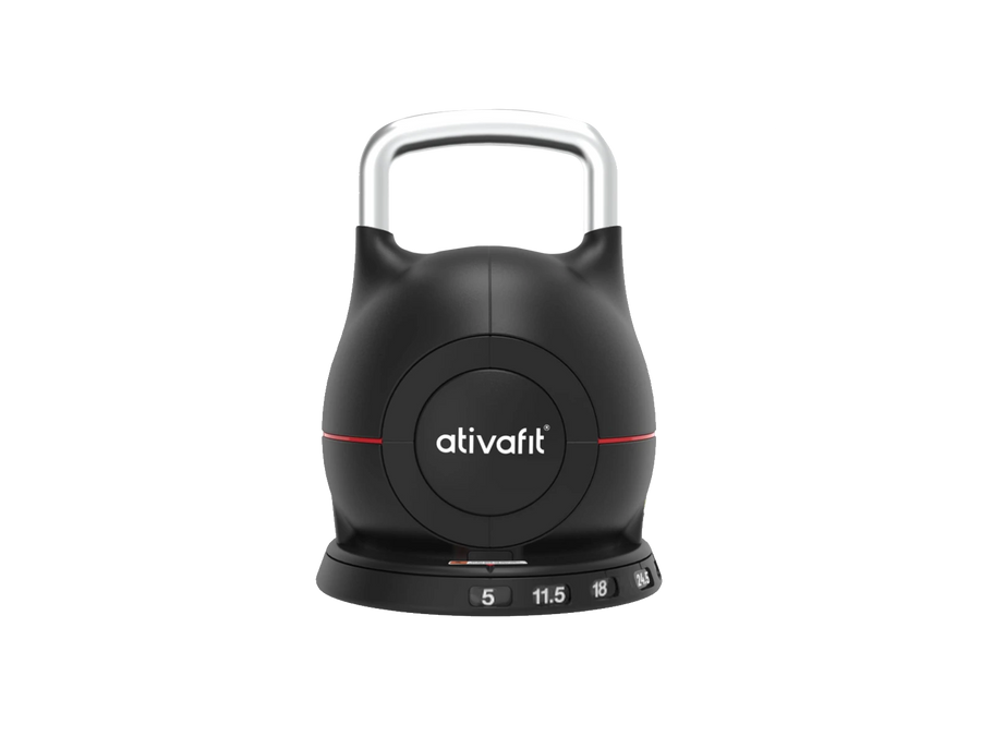 Black adjustable kettlebell with 'ativafit' branding on a white background