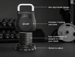 Black adjustable kettlebell with features labeled on a dark background