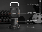 Black adjustable kettlebell with features labeled on a dark background