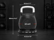 Black kettlebell with measurements and 'ativafit' branding on a dark background
