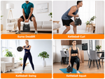 Four workout exercises using kettlebells in a home setting.