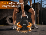 Person holding a adjustable weight kettlebell with text '7 in 1 adjustable weights design' in an outdoor gym setting.