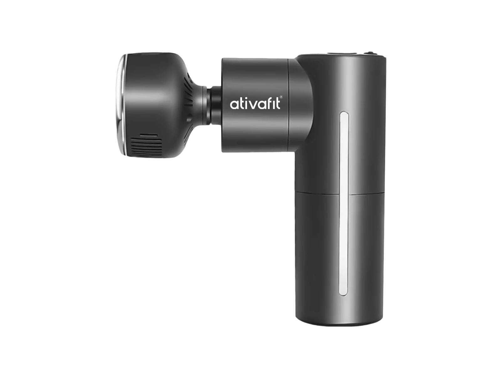 Black massage gun with 'ativafit' branding on a white background