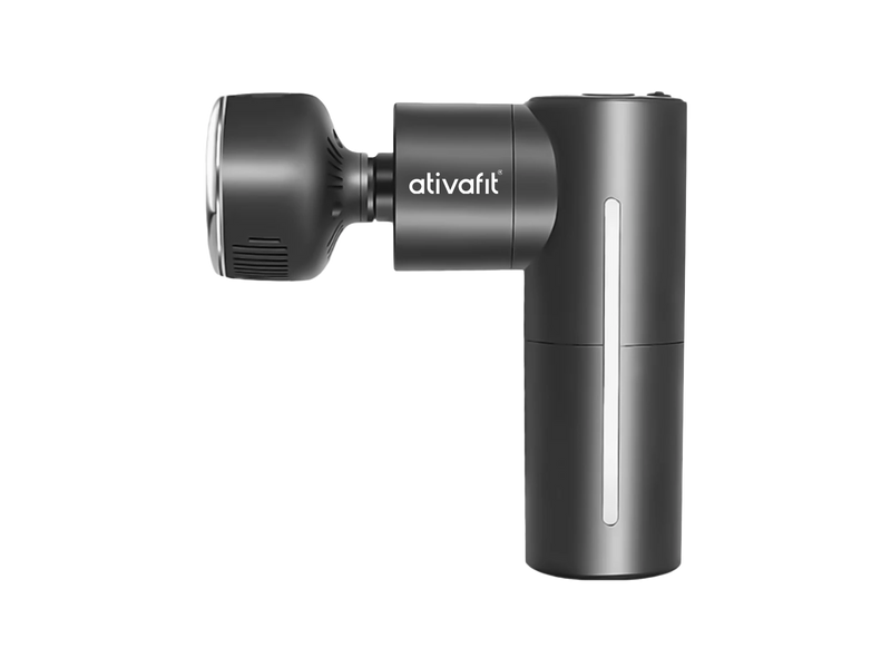 Black massage gun with 'ativafit' branding on a white background