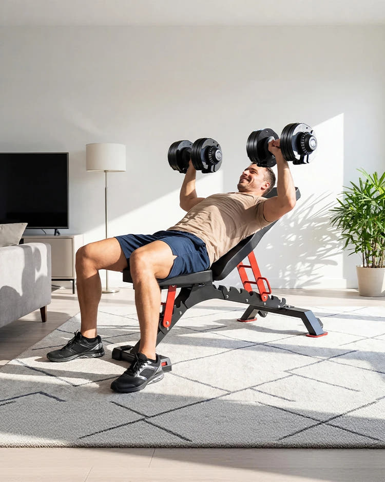 Man exercising with dumbbells on a weight bench in a home setting