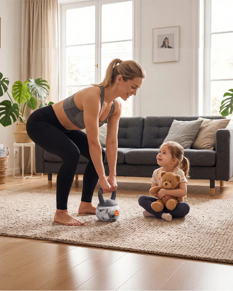 A woman in a gray sports bra and black leggings exercises barefoot with a kettlebell while a young girl sits on a beige rug holding a teddy bear in a bright living room.
