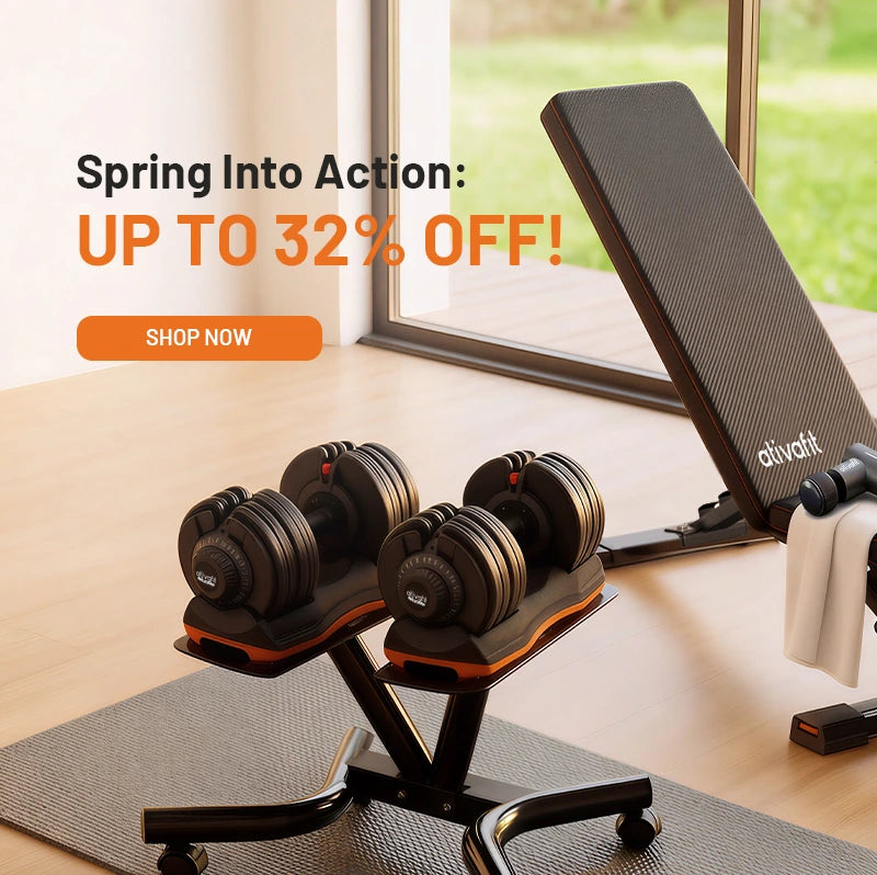 Fitness equipment including adjustable dumbbells and a weight bench with a promotional message on a light-colored floor.