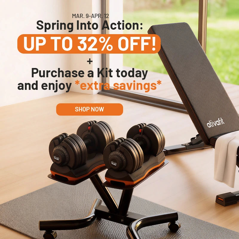 Fitness equipment including ativafit adjustable dumbbells and a weight bench with promotional text overlay.