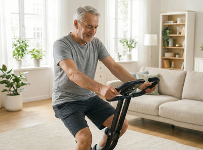 Man exercising on a foldable bike indoors in a well-lit living room.