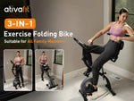 Woman using a 3-in-1 exercise folding bike in a home setting with Ativafit branding.