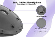 Close-up of textured surface on black balance ball with labeled features for safety and stability