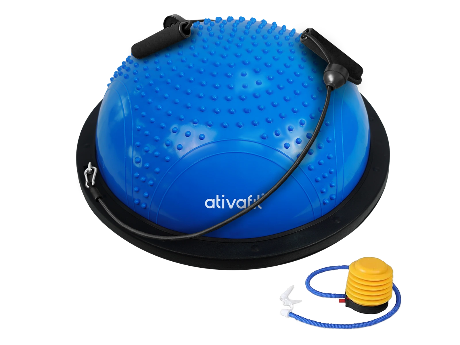 Blue balance trainer with black base and pump on a white background