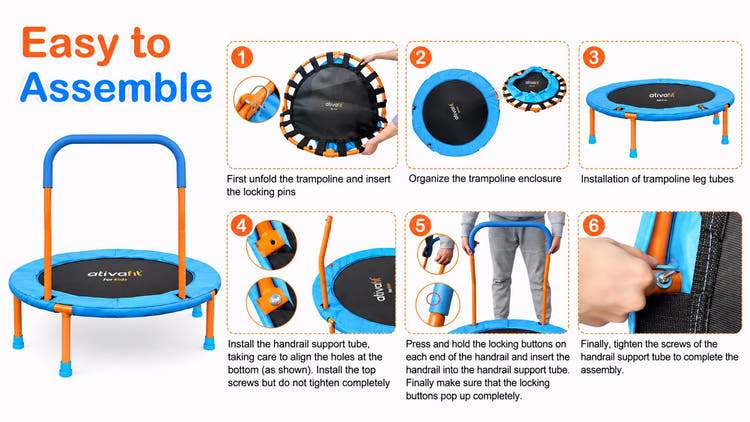 Instructional assembly graphic for a small trampoline, showing a blue and orange trampoline on the left and six numbered step-by-step assembly photos and text on the right under the heading 'Easy to Assemble'.