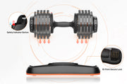 Close-up of adjustable dumbbell with safety indicator button
