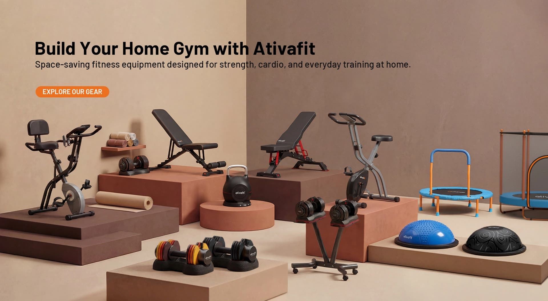 Home gym equipment displayed on a neutral background with Ativafit branding.
