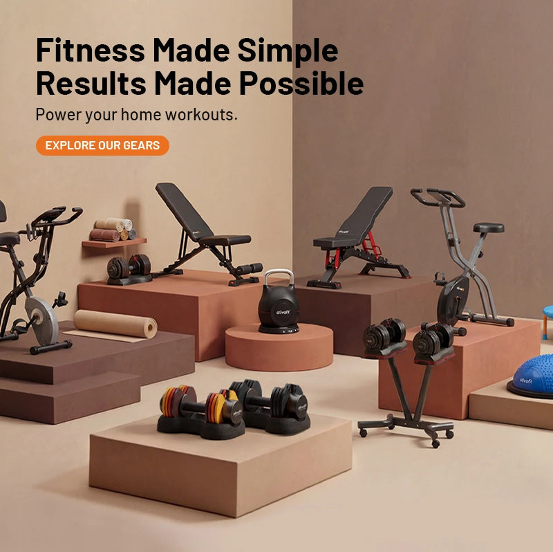 Fitness equipment on display with promotional text on a beige background