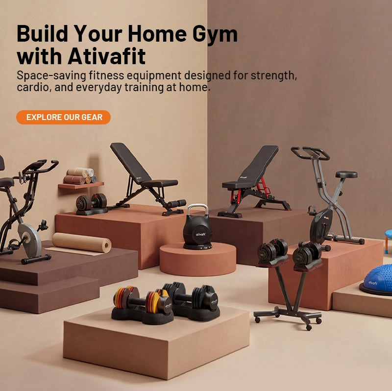 Home gym equipment displayed on platforms with a beige background and text promoting Ativafit.