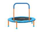 Blue and orange trampoline with handle on a white background