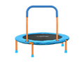 Blue and orange trampoline with handle on a white background