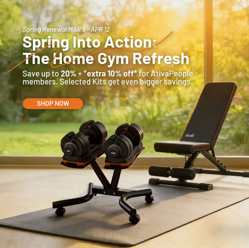 Home gym equipment including dumbbells and a bench with a promotional banner for AtivaPeople offer.