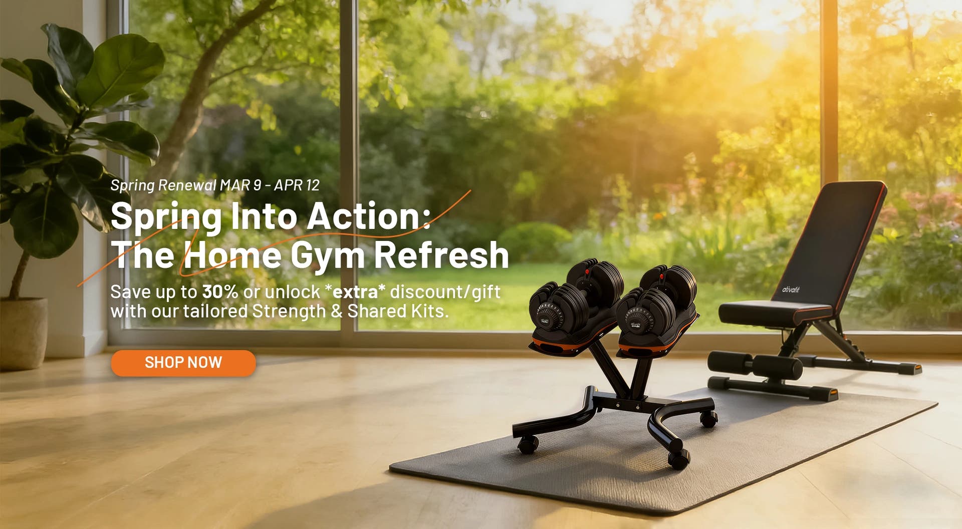Home gym equipment including dumbbells and a bench in a bright room with large windows.