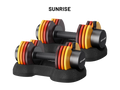 27.5lb adjustable dumbbells set with colorful striped ends on a white background, branded 'Sunrise'.