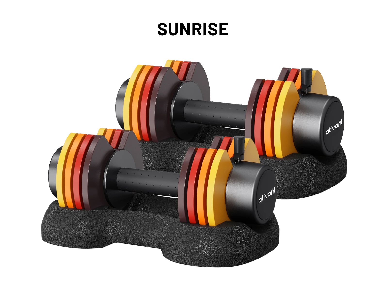 27.5lb adjustable dumbbells set with colorful striped ends on a white background, branded 'Sunrise'.