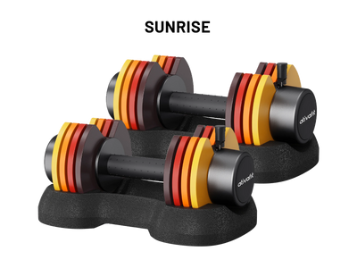27.5lb adjustable dumbbells set with colorful striped ends on a white background, branded 'Sunrise'.
