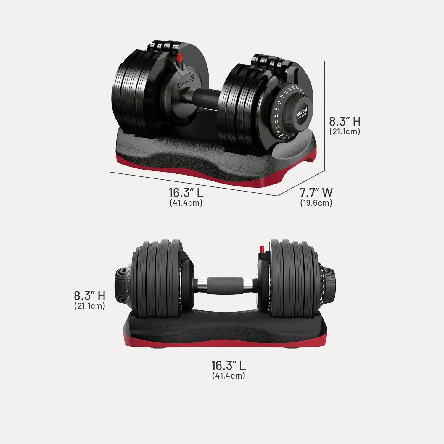 66lb adjustable dumbbells shown on a stand with dimension callouts for height, width, and length on a light gray background.