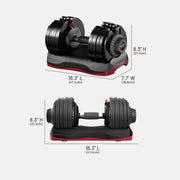 66lb adjustable dumbbells shown on a stand with dimension callouts for height, width, and length on a light gray background.