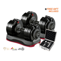 one 66 lb black adjustable dumbbells with weight plates on a gray and red stand, shown with an open silver carrying case and promotional text reading 'FREE GIFT INCLUDED' on a white background.