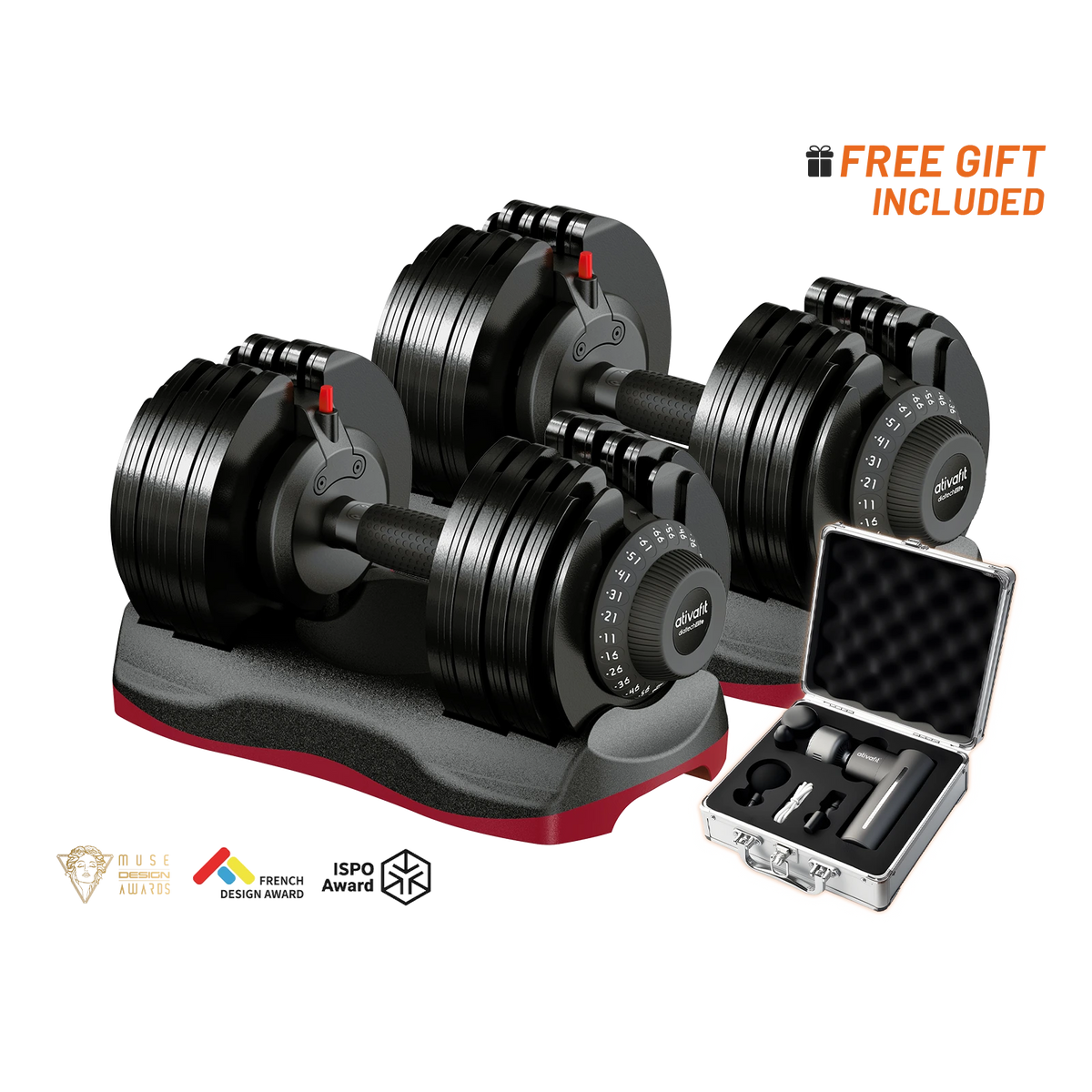 one 66 lb black adjustable dumbbells with weight plates on a gray and red stand, shown with an open silver carrying case and promotional text reading 'FREE GIFT INCLUDED' on a white background.