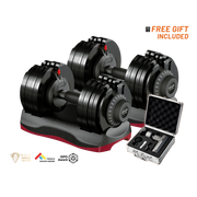 one 66 lb black adjustable dumbbells with weight plates on a gray and red stand, shown with an open silver carrying case and promotional text reading 'FREE GIFT INCLUDED' on a white background.