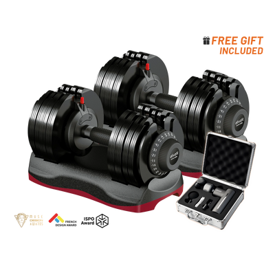 one 66 lb black adjustable dumbbells with weight plates on a gray and red stand, shown with an open silver carrying case and promotional text reading 'FREE GIFT INCLUDED' on a white background.