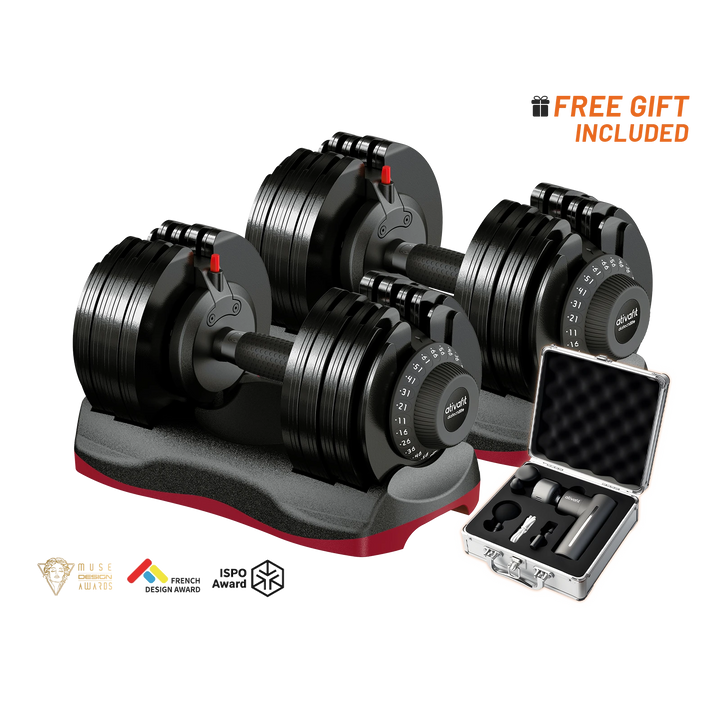 one 66 lb black adjustable dumbbells with weight plates on a gray and red stand, shown with an open silver carrying case and promotional text reading 'FREE GIFT INCLUDED' on a white background.