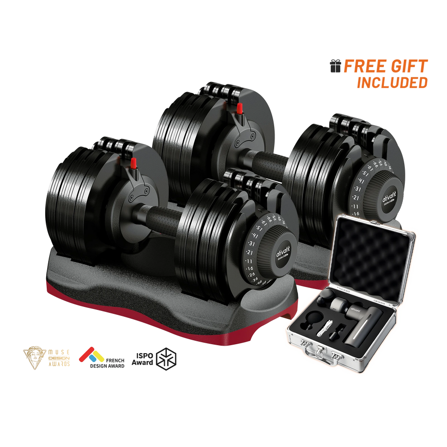 one 66 lb black adjustable dumbbells with weight plates on a gray and red stand, shown with an open silver carrying case and promotional text reading 'FREE GIFT INCLUDED' on a white background.