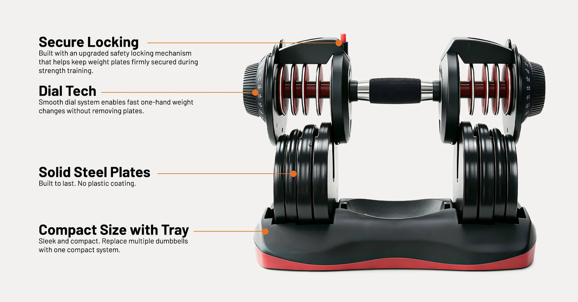 Adjustable dumbbells with callout text labels explaining features like secure locking, dial tech, solid steel plates, and compact size with tray, shown on a light gray background.