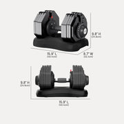 Adjustable dumbbells shown on a light gray background with dimension callouts for height, width, and length. The top view shows the dumbbells angled on a black stand, and the bottom view shows them from the front on a black base.