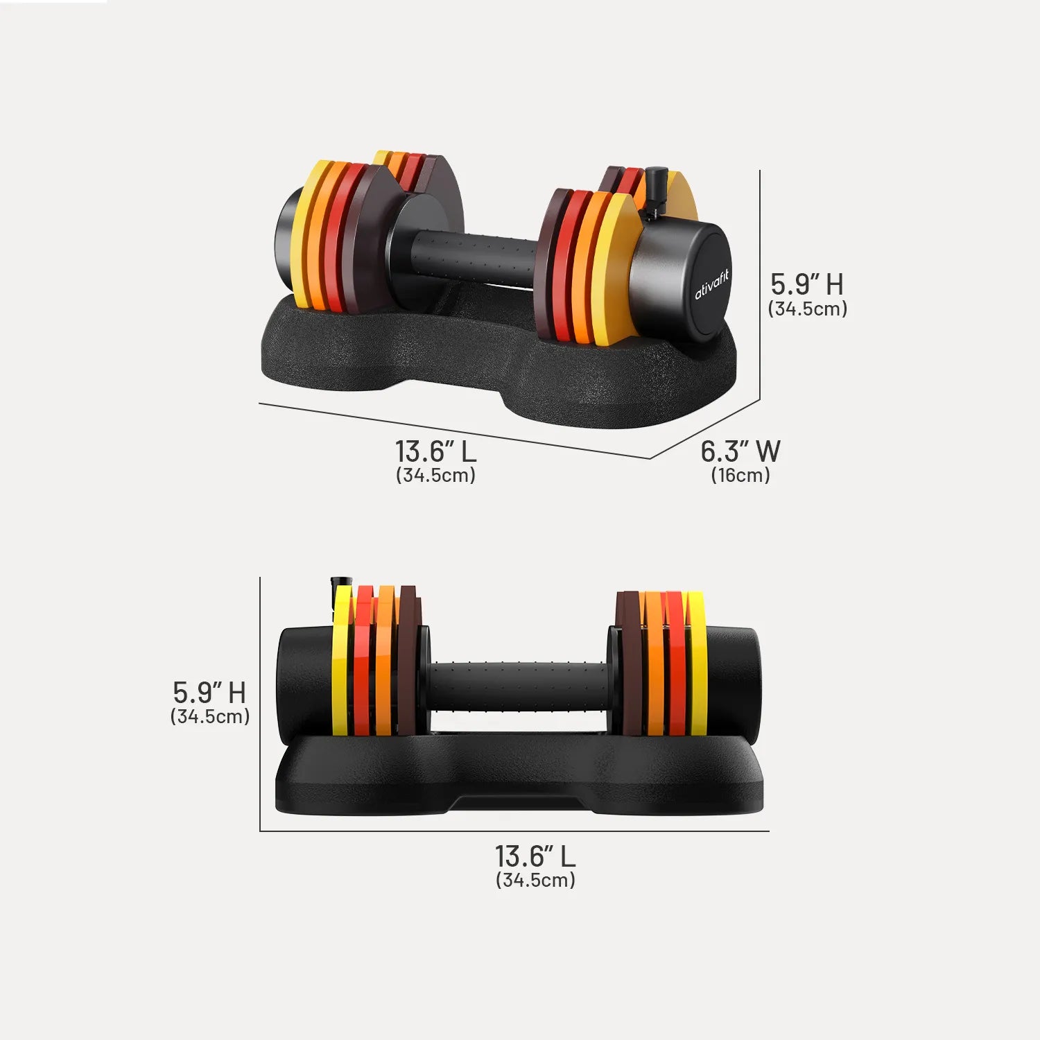 25lb adjustable dumbbells with multicolor weight plates shown with dimension labels and measurement lines on a light gray background.