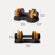 25lb adjustable dumbbells with multicolor weight plates shown with dimension labels and measurement lines on a light gray background.