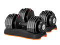 Adjustable dumbbell set with black and orange accents for fitness training