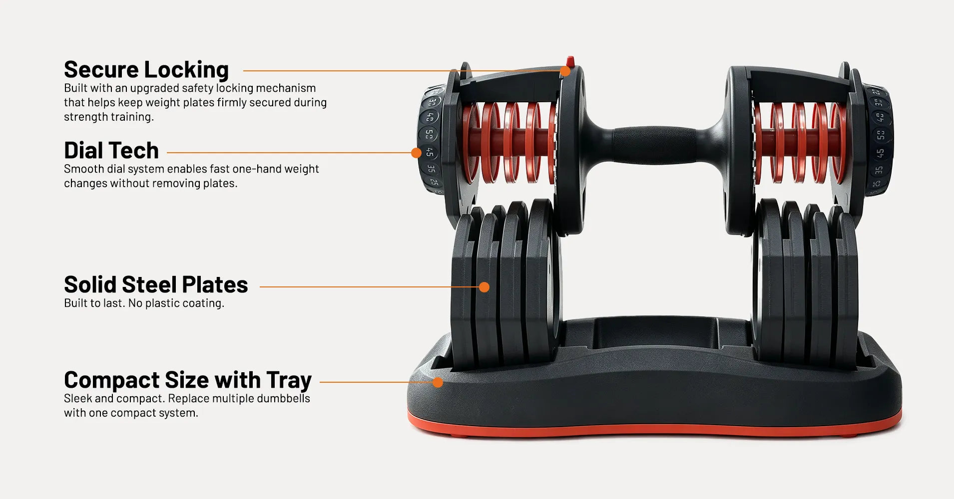 A pair of adjustable dumbbells with callout text labels explaining features like secure locking, dial tech, solid steel plates, and compact size with tray, on a light gray background.