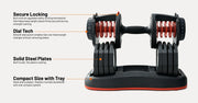 A pair of adjustable dumbbells with callout text labels explaining features like secure locking, dial tech, solid steel plates, and compact size with tray, on a light gray background.